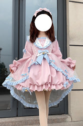 Robe Sweet Lolita rose à manches longues avec imprimé notes de musique, volants, nœud et dentelle